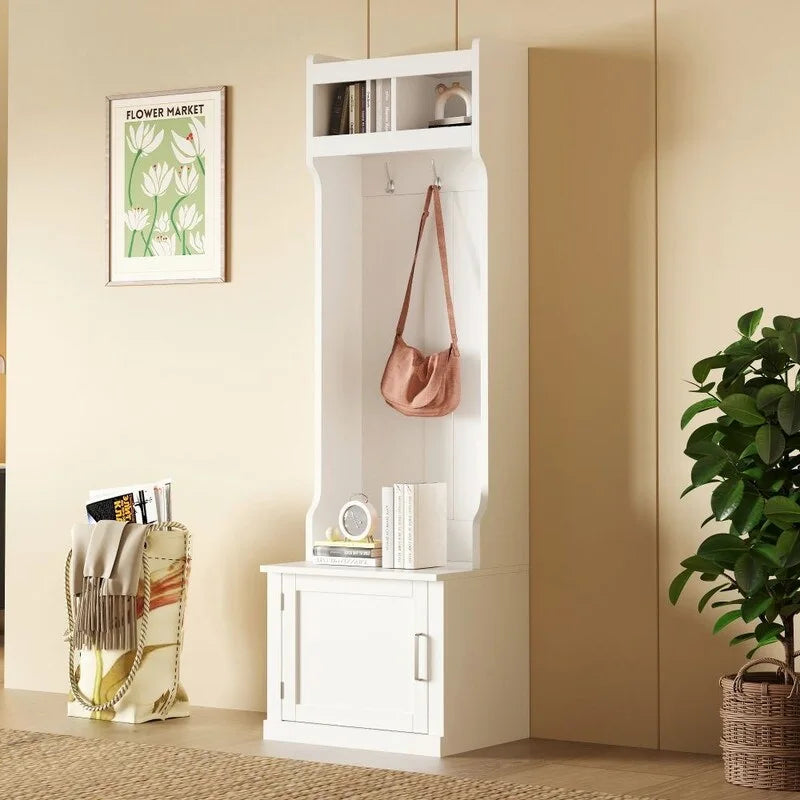 Minimalist Slim Hall Tree with Cabinet & 6 Hanging Hooks