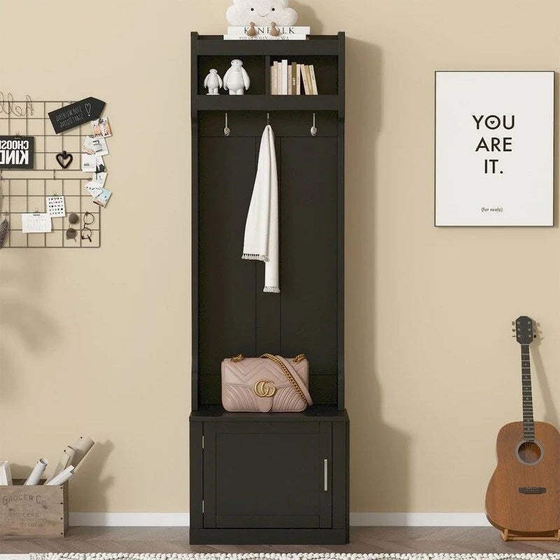 Minimalist Slim Hall Tree with Cabinet & 6 Hanging Hooks