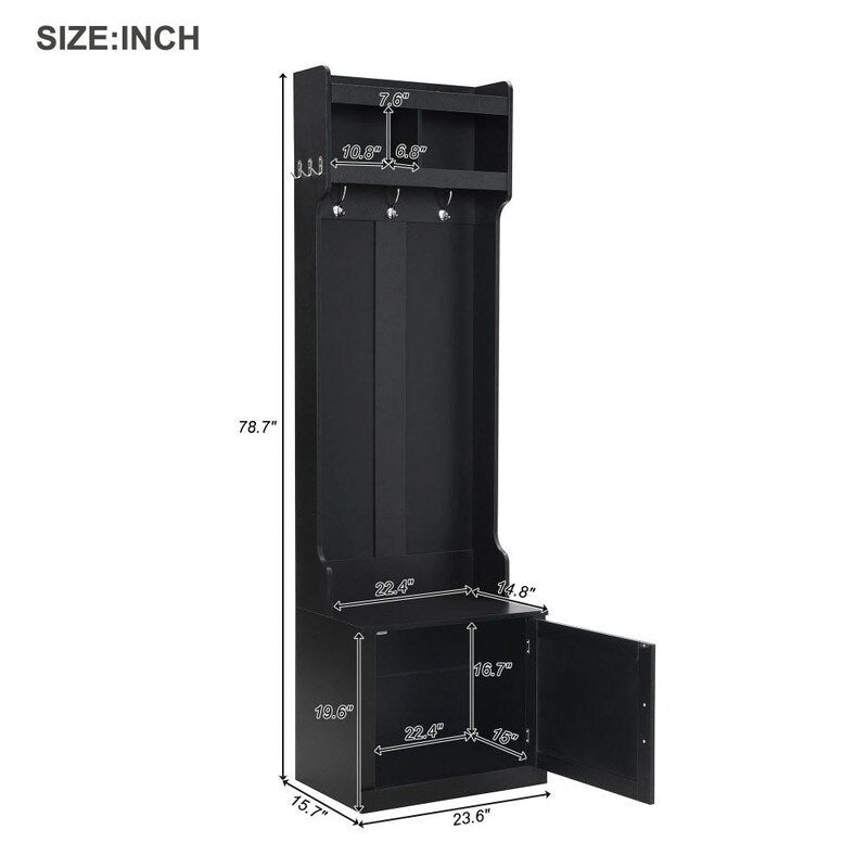 Minimalist Slim Hall Tree with Cabinet & 6 Hanging Hooks