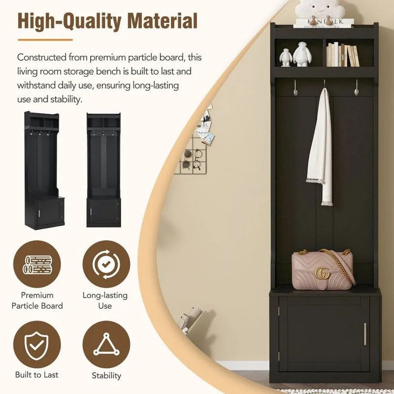 Minimalist Slim Hall Tree with Cabinet & 6 Hanging Hooks