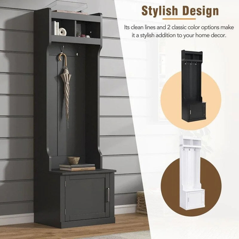 Minimalist Slim Hall Tree with Cabinet & 6 Hanging Hooks