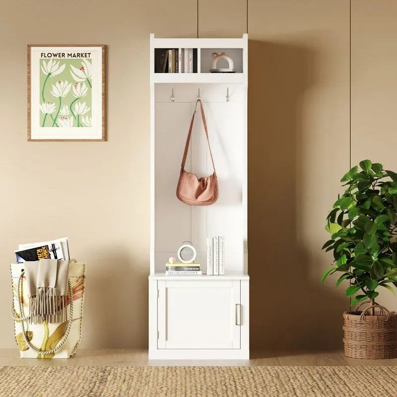 Minimalist Slim Hall Tree with Cabinet & 6 Hanging Hooks