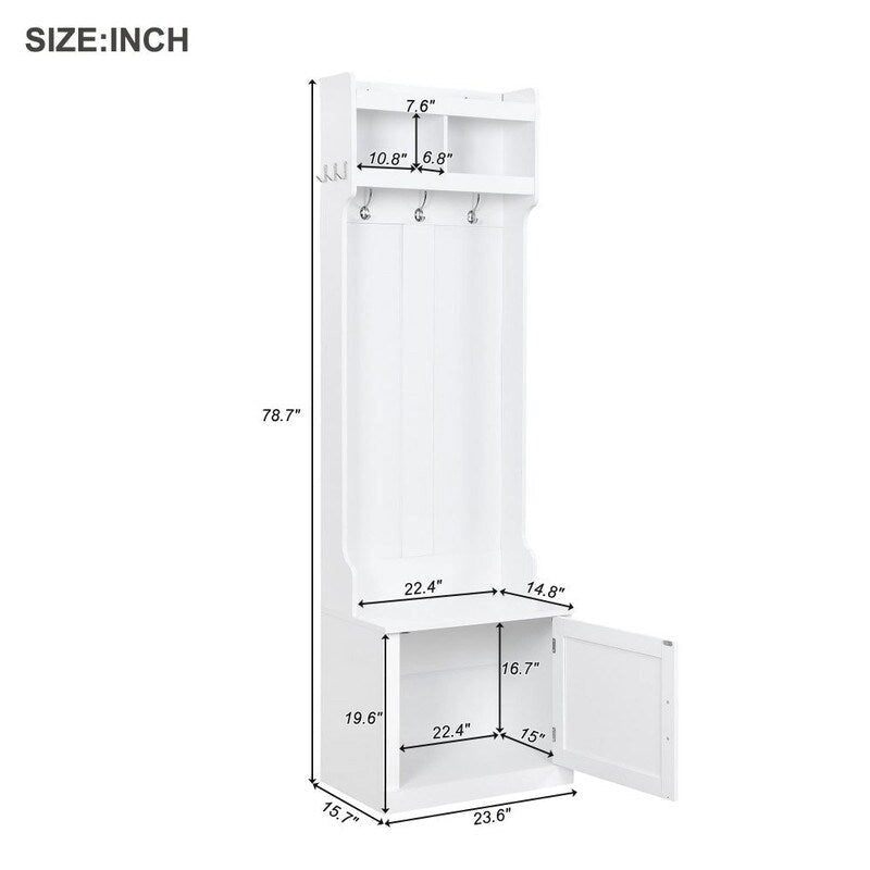 Minimalist Slim Hall Tree with Cabinet & 6 Hanging Hooks