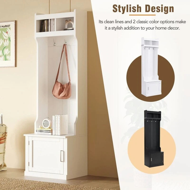 Minimalist Slim Hall Tree with Cabinet & 6 Hanging Hooks