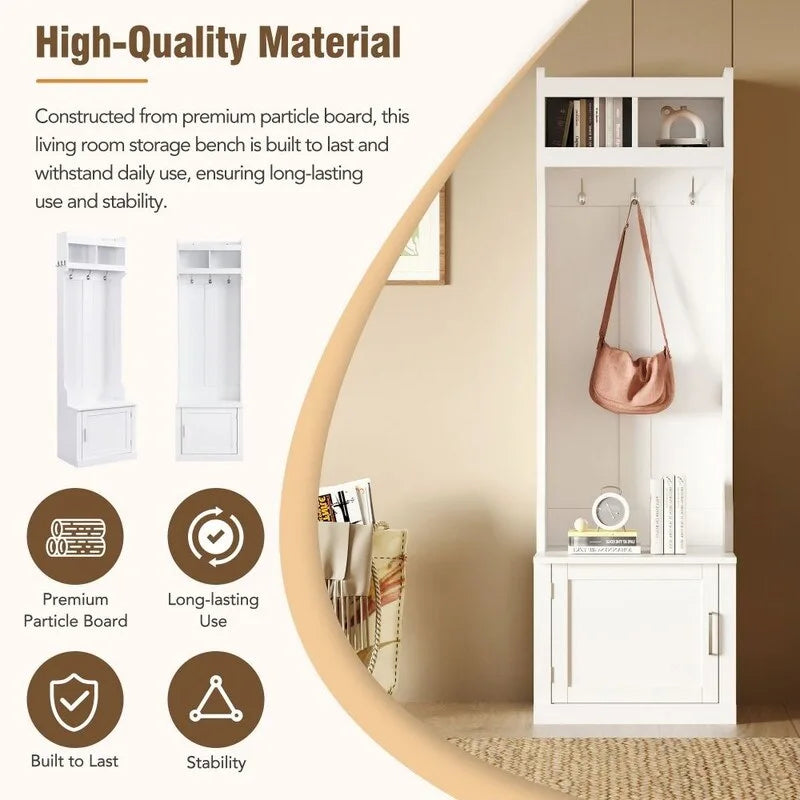 Minimalist Slim Hall Tree with Cabinet & 6 Hanging Hooks