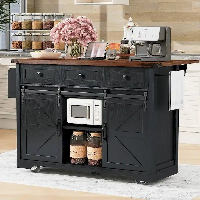 Farmhouse Kitchen Island Cart with Wheels, Power Outlet