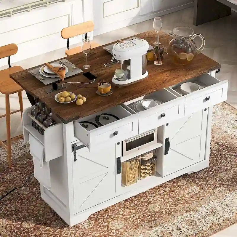Farmhouse Kitchen Island Cart with Wheels, Power Outlet