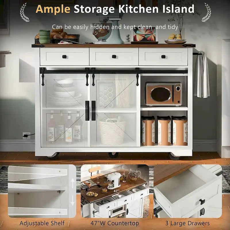 Farmhouse Kitchen Island Cart with Wheels, Power Outlet