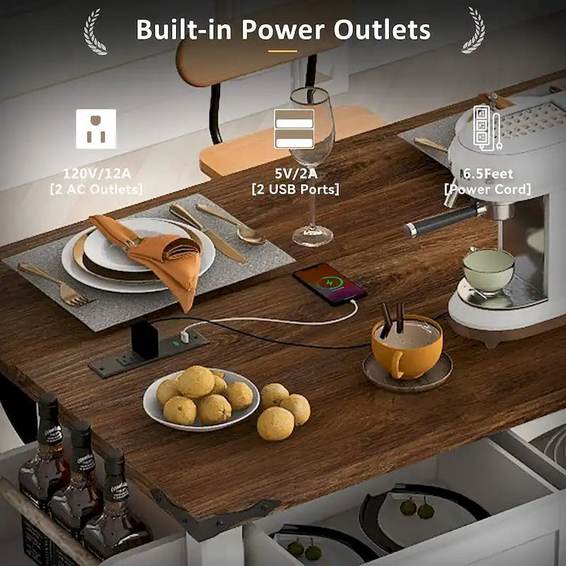 Farmhouse Kitchen Island Cart with Wheels, Power Outlet