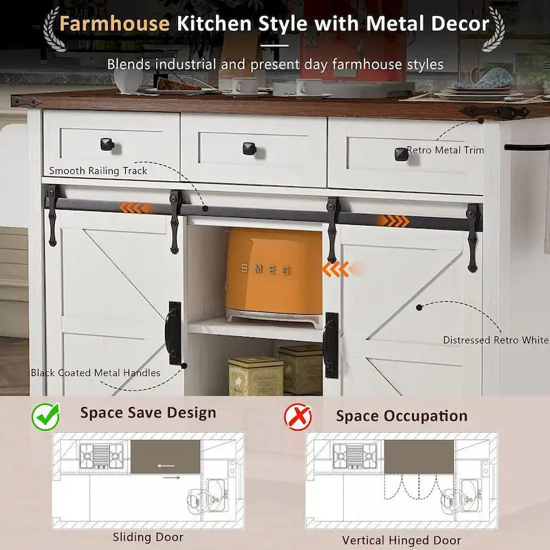 Farmhouse Kitchen Island Cart with Wheels, Power Outlet