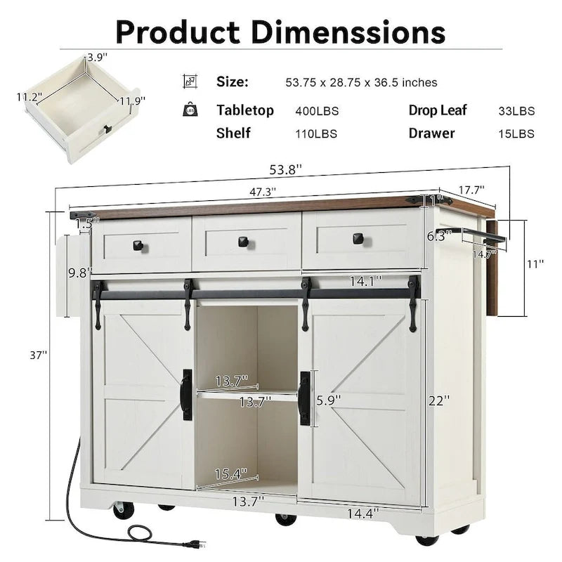 Farmhouse Kitchen Island Cart with Wheels, Power Outlet
