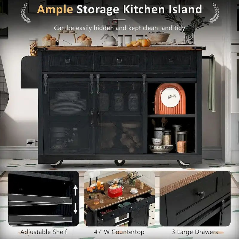 Farmhouse Kitchen Island Cart with Wheels, Power Outlet