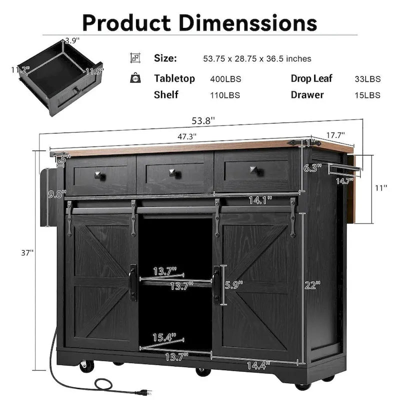 Farmhouse Kitchen Island Cart with Wheels, Power Outlet