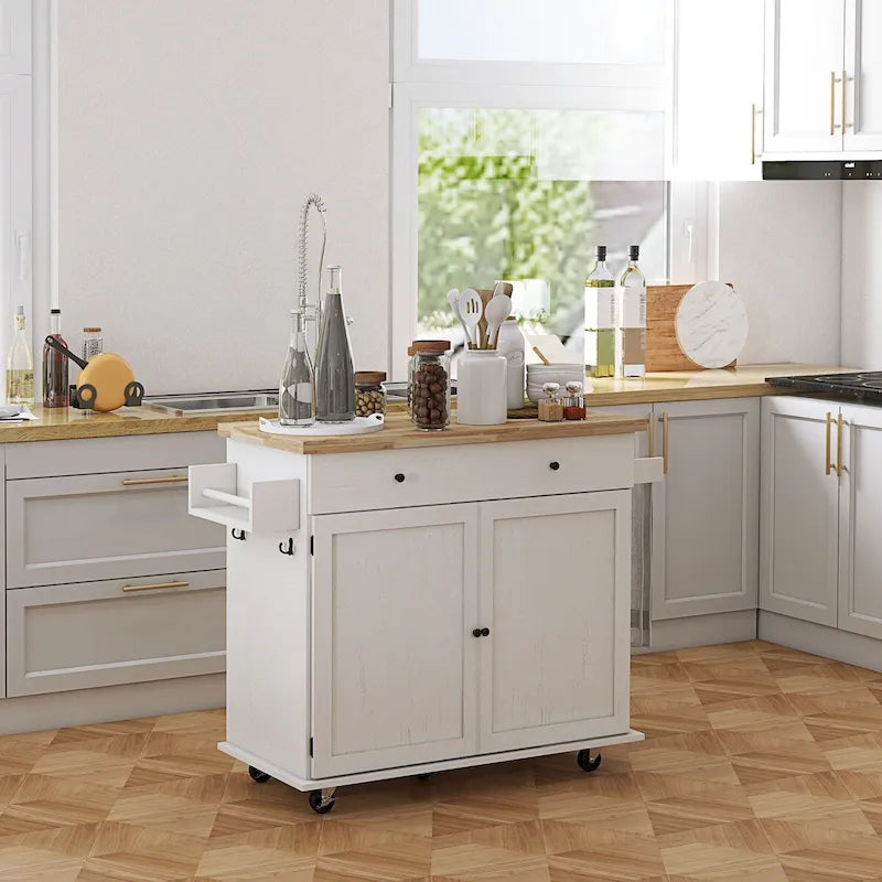 Farmhouse Rolling Kitchen Island Cart with Rubberwood Top and Storage
