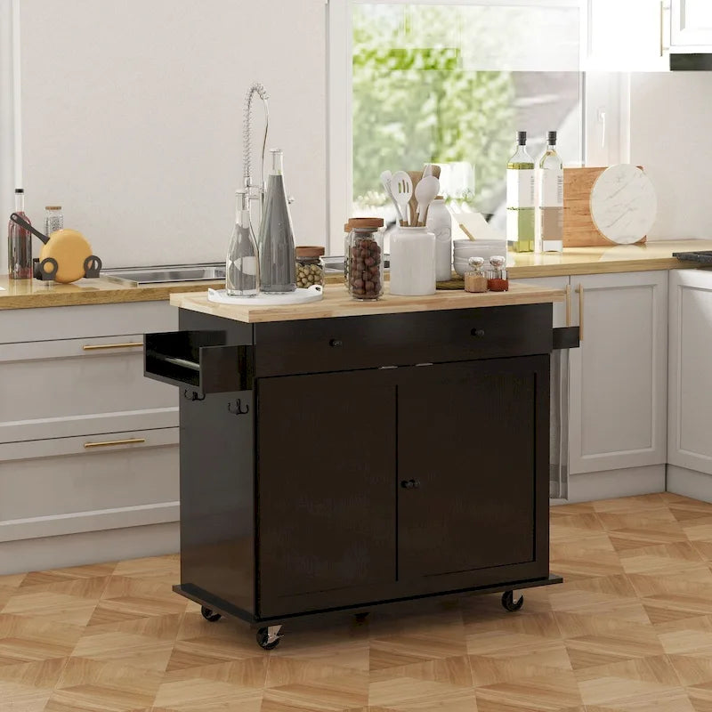 Farmhouse Rolling Kitchen Island Cart with Rubberwood Top and Storage