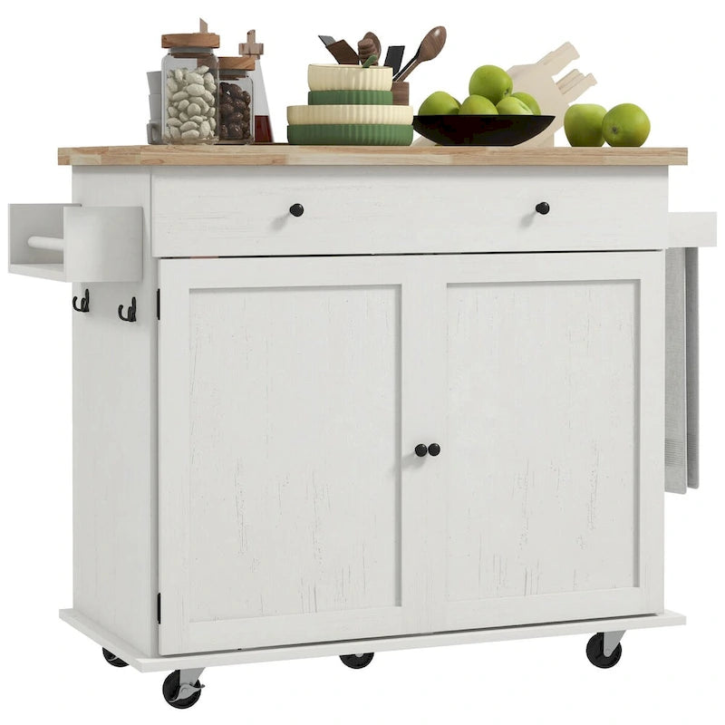 Farmhouse Rolling Kitchen Island Cart with Rubberwood Top and Storage