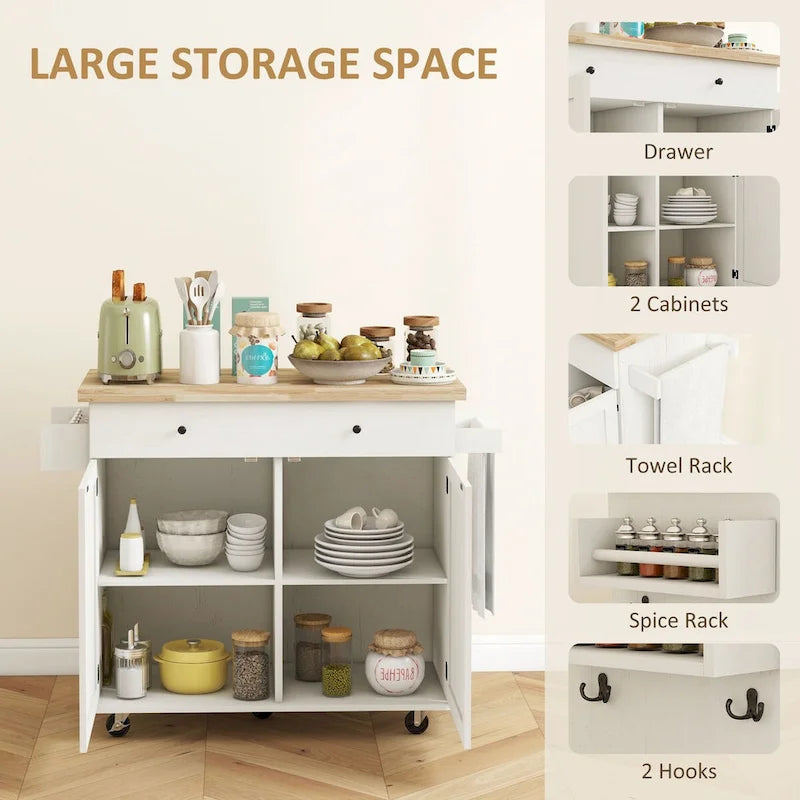 Farmhouse Rolling Kitchen Island Cart with Rubberwood Top and Storage