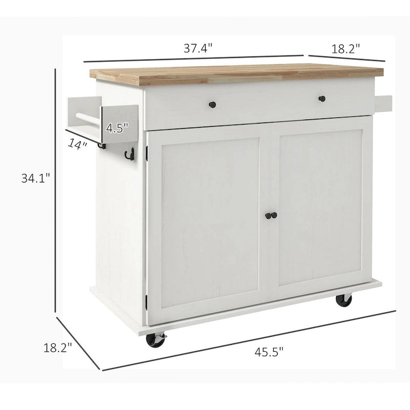 Farmhouse Rolling Kitchen Island Cart with Rubberwood Top and Storage