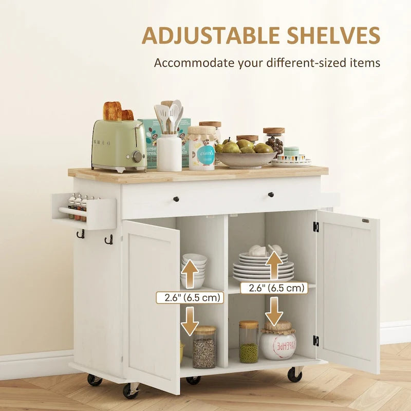 Farmhouse Rolling Kitchen Island Cart with Rubberwood Top and Storage