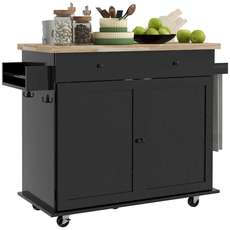 Farmhouse Rolling Kitchen Island Cart with Rubberwood Top and Storage