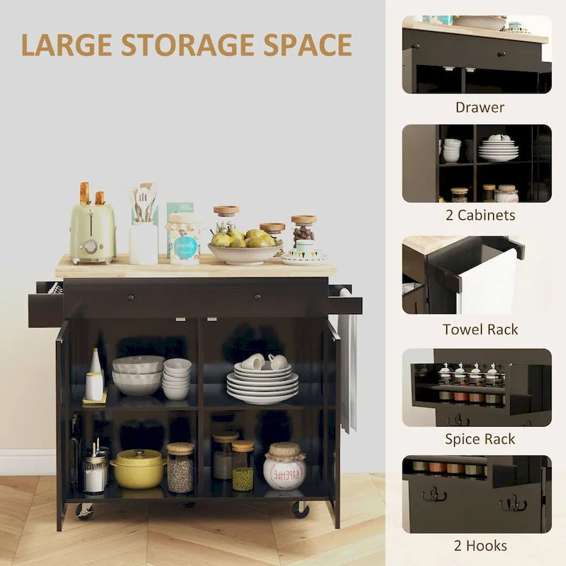 Farmhouse Rolling Kitchen Island Cart with Rubberwood Top and Storage