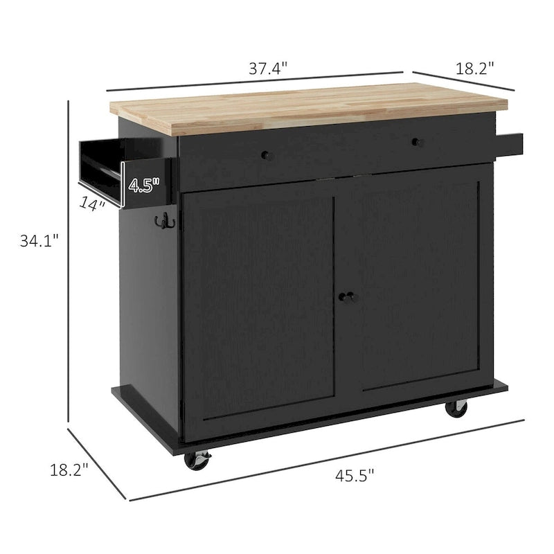 Farmhouse Rolling Kitchen Island Cart with Rubberwood Top and Storage