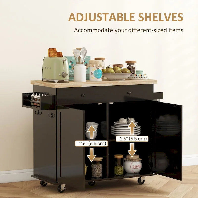 Farmhouse Rolling Kitchen Island Cart with Rubberwood Top and Storage