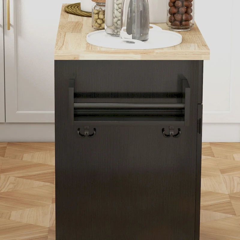 Farmhouse Rolling Kitchen Island Cart with Rubberwood Top and Storage