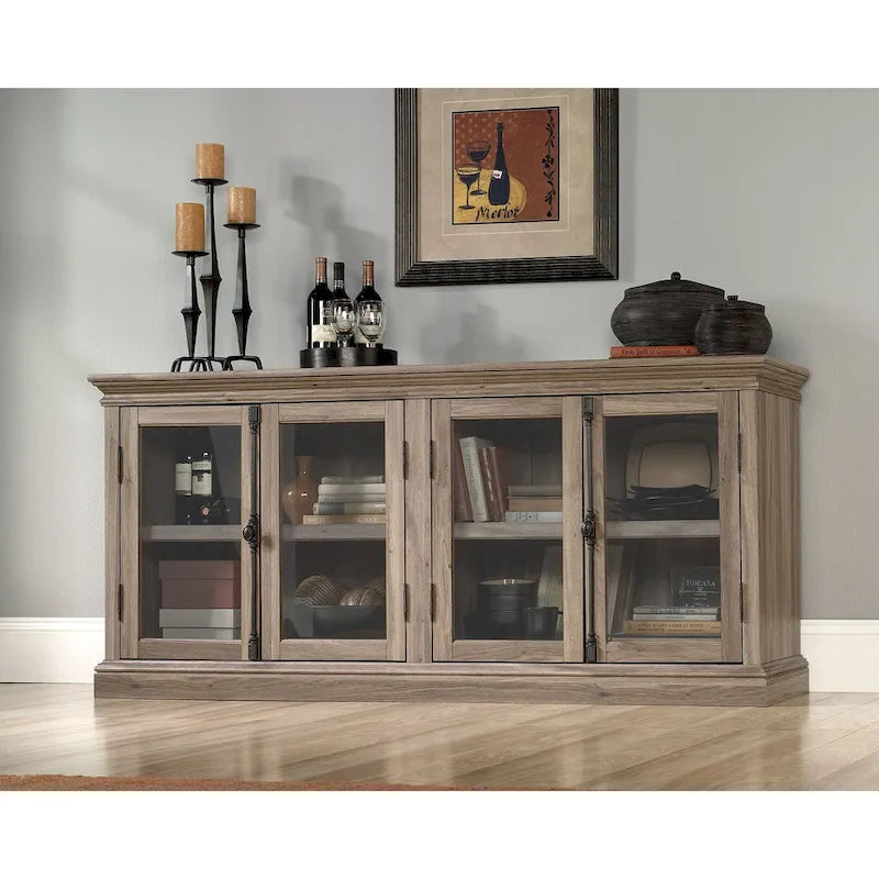 Salt Oak Storage Credenza with Framed Glass Doors and Adjustable Shelves
