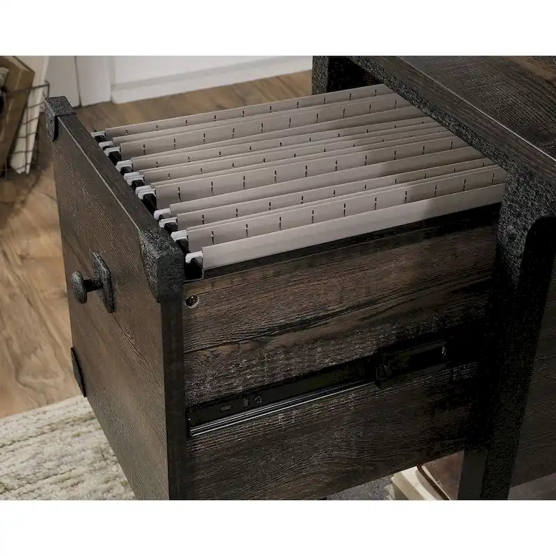 Industrial Home Office Desk with Drawers, Open Shelves and Metal Frame