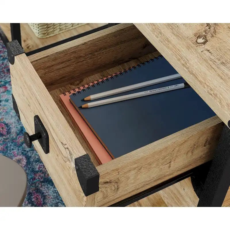 Industrial Home Office Desk with Drawers, Open Shelves and Metal Frame