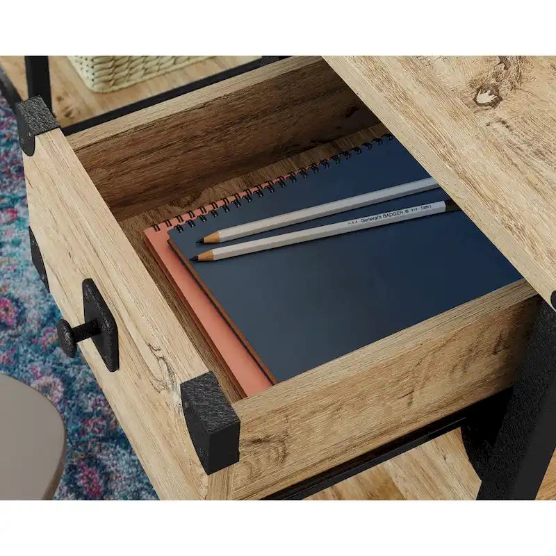 Industrial Home Office Desk with Drawers, Open Shelves and Metal Frame