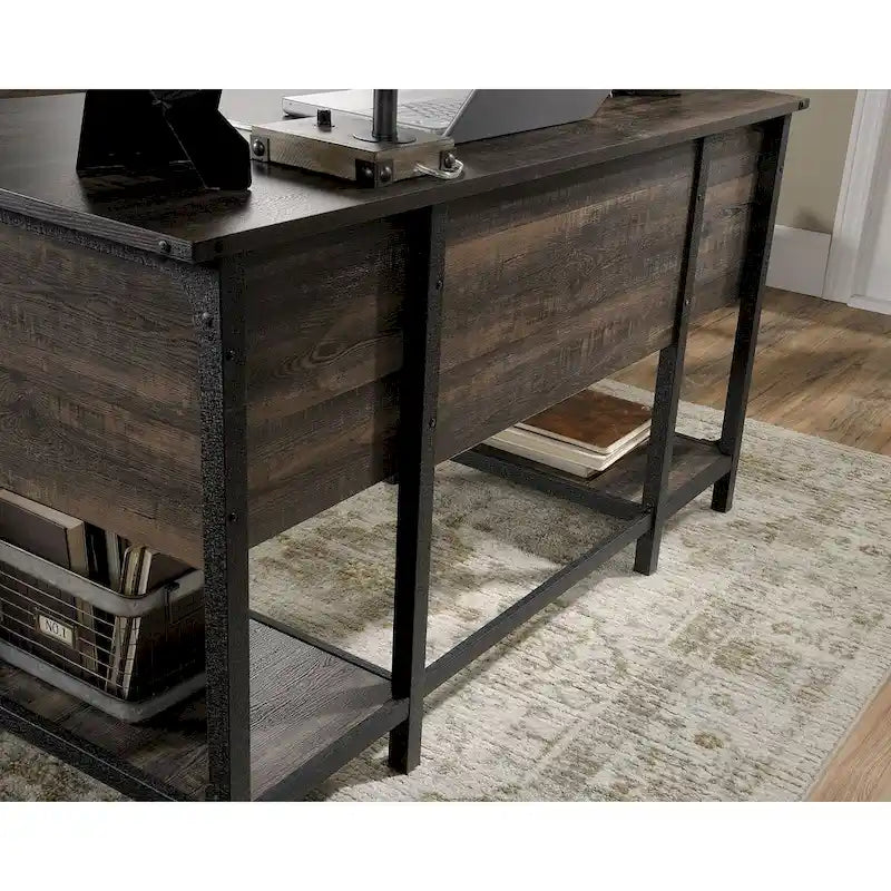 Industrial Home Office Desk with Drawers, Open Shelves and Metal Frame