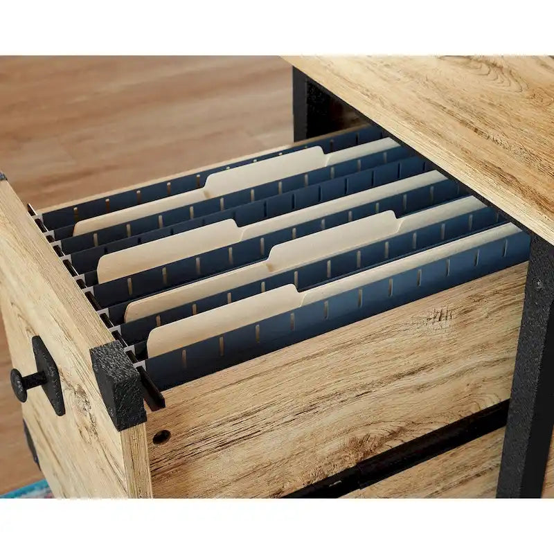 Industrial Home Office Desk with Drawers, Open Shelves and Metal Frame