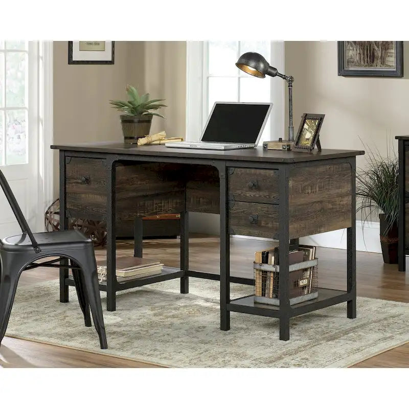 Industrial Home Office Desk with Drawers, Open Shelves and Metal Frame