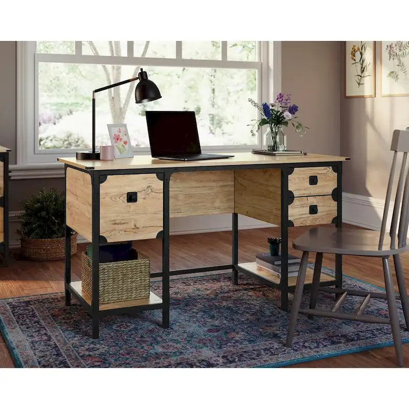 Industrial Home Office Desk with Drawers, Open Shelves and Metal Frame