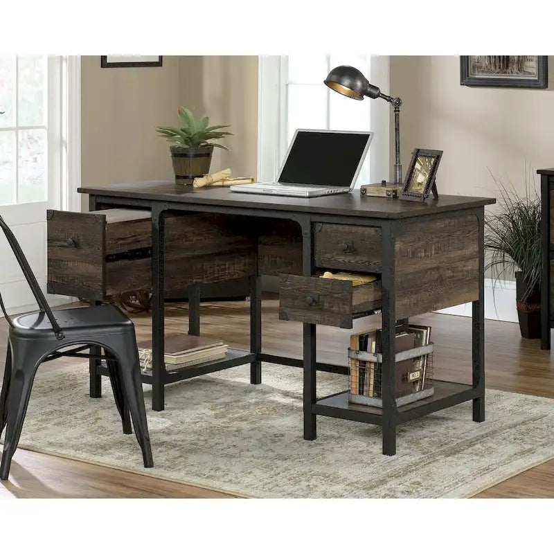 Industrial Home Office Desk with Drawers, Open Shelves and Metal Frame