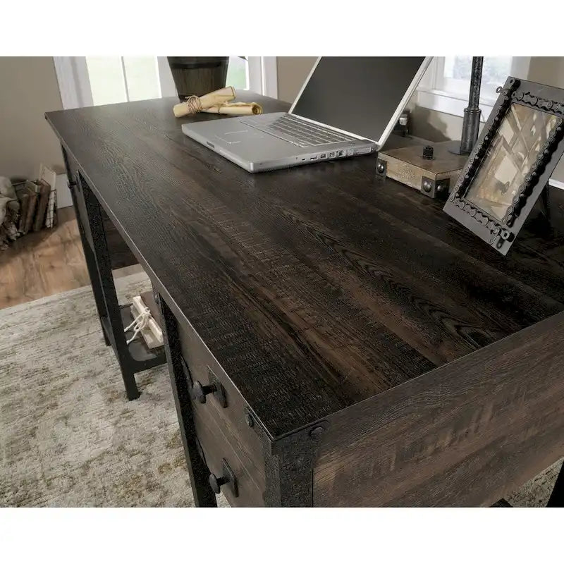 Industrial Home Office Desk with Drawers, Open Shelves and Metal Frame