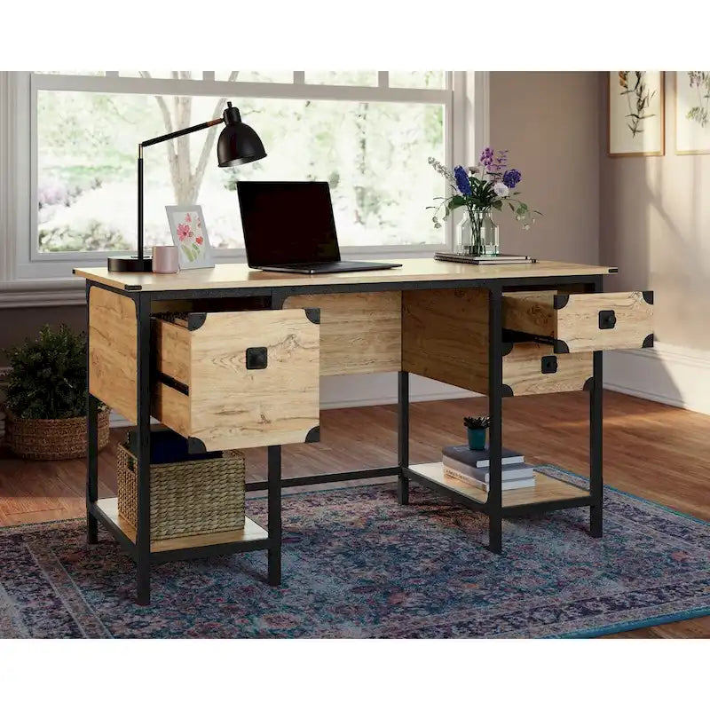 Industrial Home Office Desk with Drawers, Open Shelves and Metal Frame