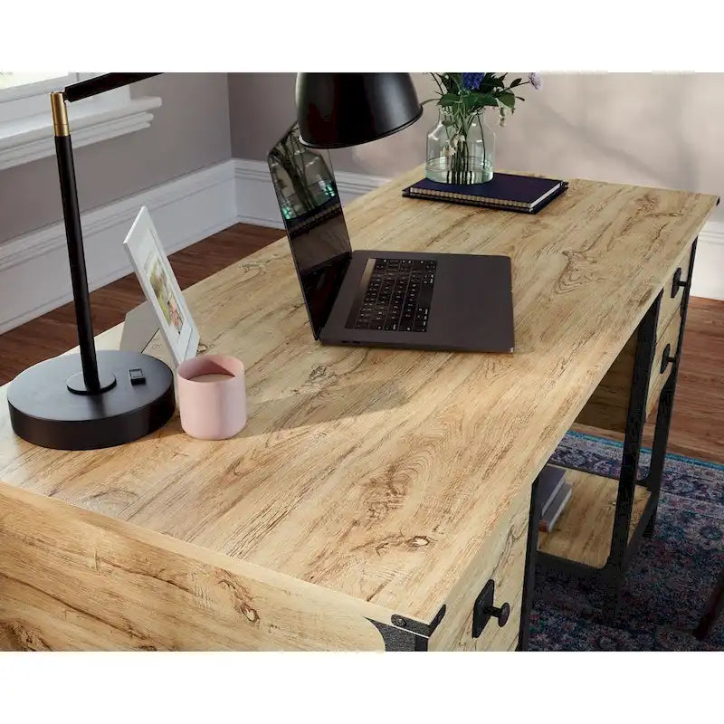 Industrial Home Office Desk with Drawers, Open Shelves and Metal Frame