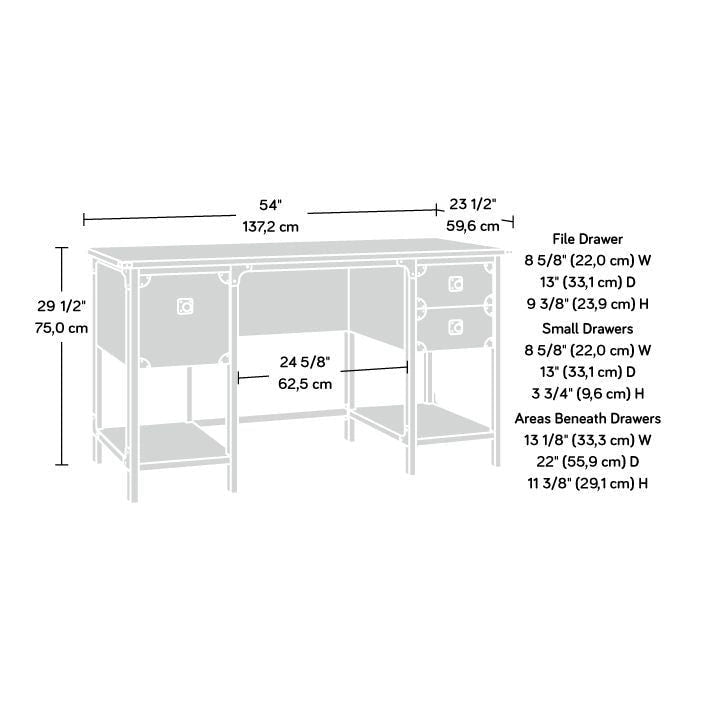Industrial Home Office Desk with Drawers, Open Shelves and Metal Frame