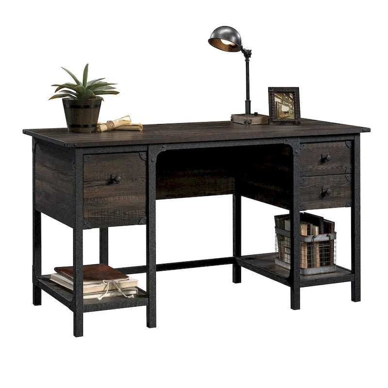 Industrial Home Office Desk with Drawers, Open Shelves and Metal Frame