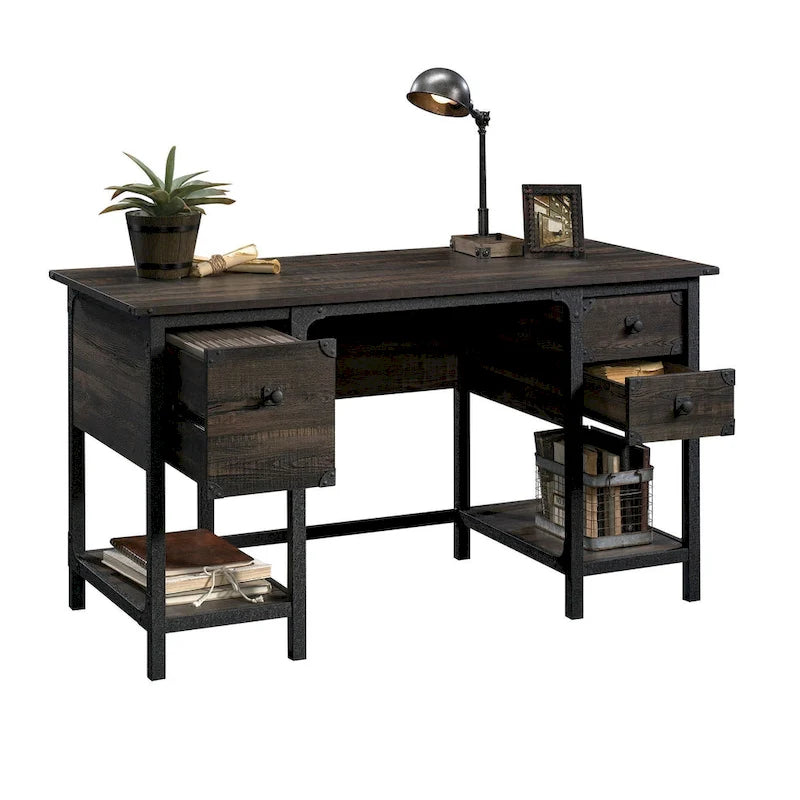 Industrial Home Office Desk with Drawers, Open Shelves and Metal Frame