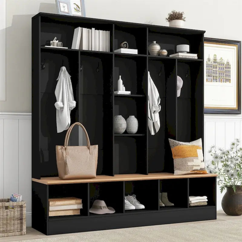 Brown Entryway Hall Tree with Storage Bench and Coat Hooks