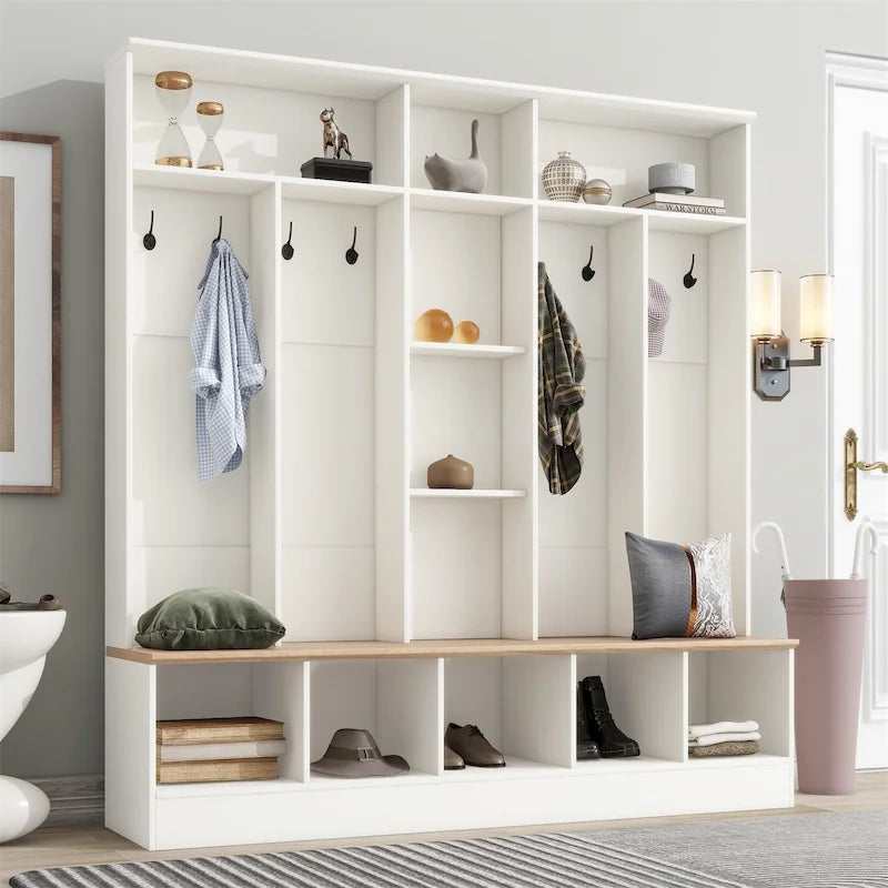 Brown Entryway Hall Tree with Storage Bench and Coat Hooks