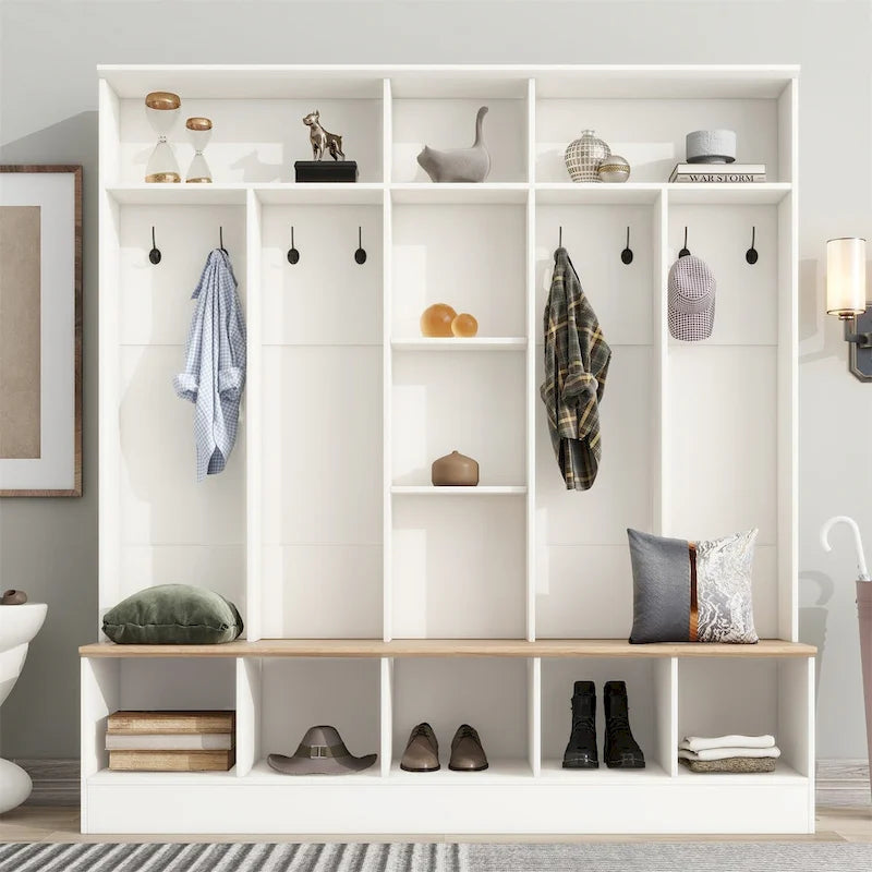 Brown Entryway Hall Tree with Storage Bench and Coat Hooks