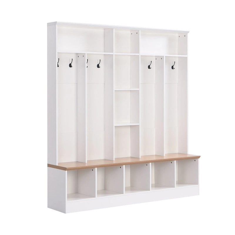 Brown Entryway Hall Tree with Storage Bench and Coat Hooks