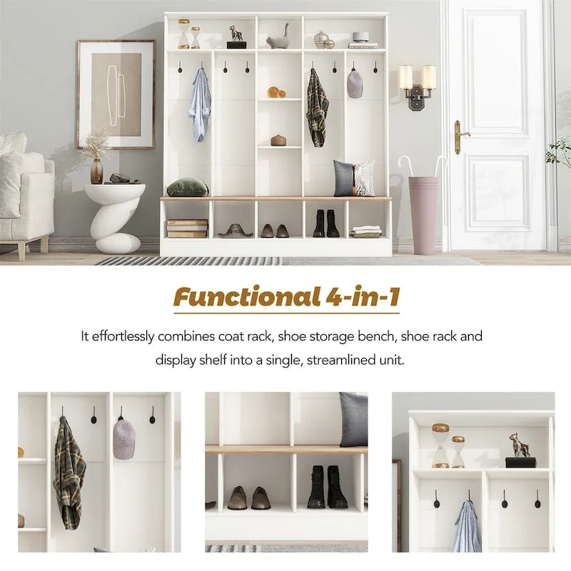 Brown Entryway Hall Tree with Storage Bench and Coat Hooks