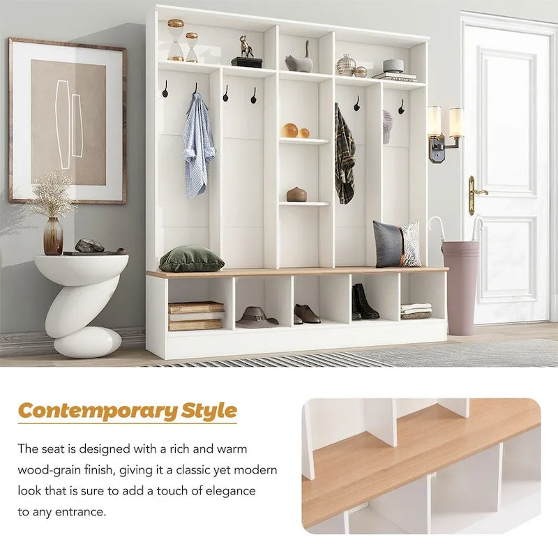 Brown Entryway Hall Tree with Storage Bench and Coat Hooks