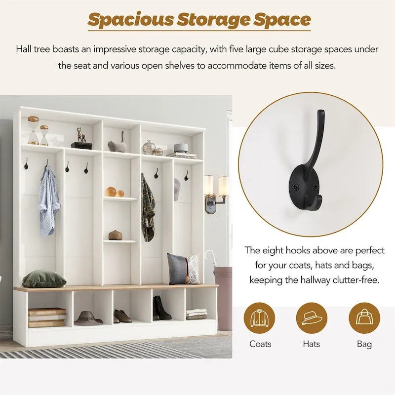 Brown Entryway Hall Tree with Storage Bench and Coat Hooks
